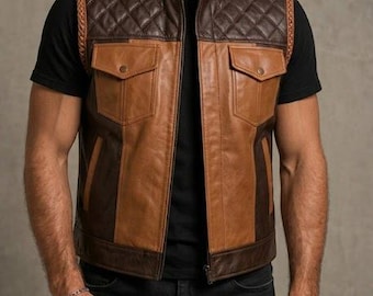 Men's Quilted Leather Biker Vest – Vintage Style Slim Fit Waistcoat