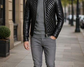 Men's Black Quilted Leather Biker Jacket – Slim Fit Winter Fashion Coat