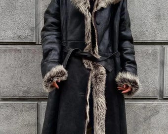 Black Leather Fur Coat, Belted Shearling Jacket, Long Winter Overcoat, Street Style Outfit