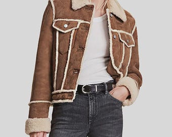 Brown Shearling Jacket Women | Faux Suede Fur Lined Cozy Winter Coat