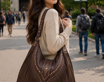Studded Leather Hobo Bag | Brown Fringe Boho Shoulder Purse