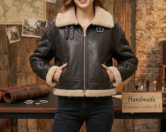 Brown Shearling Leather Aviator Jacket | Faux Fur Lined Winter Coat