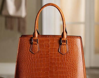 Black Croc Embossed Leather Tote Bag, Structured Shoulder Handbag, Elegant Office Work Bag