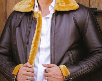 Men's Shearling Leather Aviator Jacket, Brown B3 Bomber Winter Coat