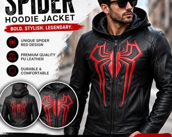 Black Spider Hoodie Jacket, Red Logo PU Leather Biker Cosplay Streetwear