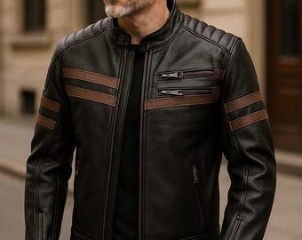 Men's Black Leather Biker Jacket – Brown Stripes, Slim Fit, Casual Fashion Coat
