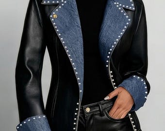 Black Leather Jacket Women, Blue Lapel Studded Biker Style Slim Fit Coat