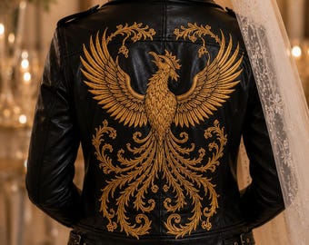 Black Leather Bridal Jacket, Gold Phoenix Embroidery, Custom Wedding Biker Fit