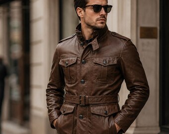 Men's Brown Leather Belted Jacket, Vintage Military Style Coat