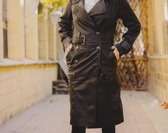 Women's Genuine Lambskin Leather Trench Coat, Double-Breasted Belted Streetwear Jacket
