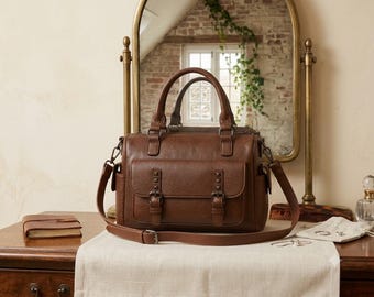 Vintage Leather Satchel Purse, Rivet Studded Top Handle Bag, Boho Shoulder Bag