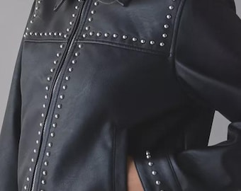 Women's Black Leather Studded Cropped Biker Jacket, Edgy Punk Streetwear Coat