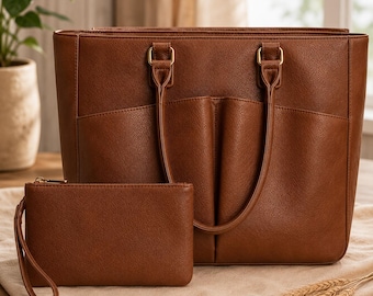 Cognac Brown Vegan Leather Tote Bag with Wristlet Pouch | Laptop Work Shoulder Bag