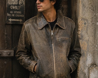 Distressed Brown Leather Biker Jacket | Men's Retro Street Style Coat