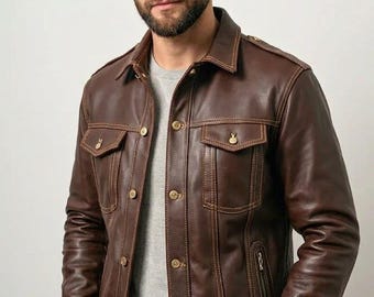 Men's Brown Genuine Leather Trucker Jacket, Classic Biker Outerwear