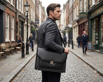 Handcrafted Black Leather Briefcase, Vintage Style Laptop Messenger Bag, Business Lock Closure