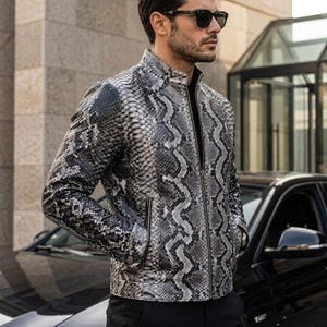 Men's Silver Snake Print Leather Moto Jacket, Python Embossed Stand Collar Zip Up