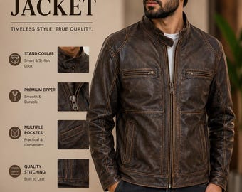 Men's Brown Genuine Leather Jacket | Vintage Style Biker Coat, Winter Fashion, Zipper Detail
