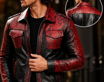 Men's Red Snake Print geniun  Leather Biker Jacket, Punk Streetwear Style
