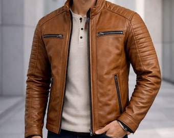 Men's Brown Leather Biker Jacket – Slim Fit Motorcycle Style Coat