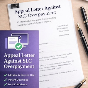 May include: A document titled "Appeal Letter Against SLC Overpayment" with a customizable template for contesting overpayment of student finance. Includes a purple card with text: "Appeal Letter Against SLC Overpayment", "Editable & Easy-to-Use", "Instant Download", and "For UK Students".