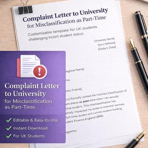 May include: A document titled "Complaint Letter to University for Misclassification as Part-Time" with a purple and white graphic. The document includes text and is accompanied by pens, a laptop, and a small plant.