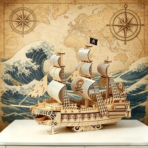 Wooden Pirate Ship Model Kit – 10-Level Difficulty Brain Teaser Assembly