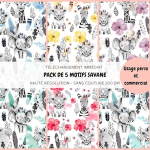 Peut inclure: Cinq motifs savane sans couture avec des illustrations à l'aquarelle d'éléphants, de girafes, de zèbres et de lions. Les motifs comprennent des accents floraux et de plumes. Le texte indique le téléchargement immédiat et l'utilisation personnelle/commerciale.