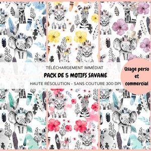 Peut inclure: Cinq motifs savane sans couture avec des illustrations à l'aquarelle d'éléphants, de girafes, de zèbres et de lions. Les motifs comprennent des accents floraux et de plumes, sur fond blanc. Du texte en français est également visible.