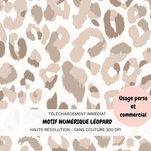 Peut inclure: Motif numérique léopard beige et marron sur fond blanc. Le texte « MOTIF NUMÉRIQUE LÉOPARD » et « Usage perso et commercial » sont inclus. Haute résolution, sans couture.