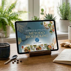 May include: A wooden table displays a tablet with the text "Energia & Vitalidad: Método Biohacking", a steaming blue mug, a spoon, coffee beans, a notebook, and potted plants. A pen rests on the open notebook.