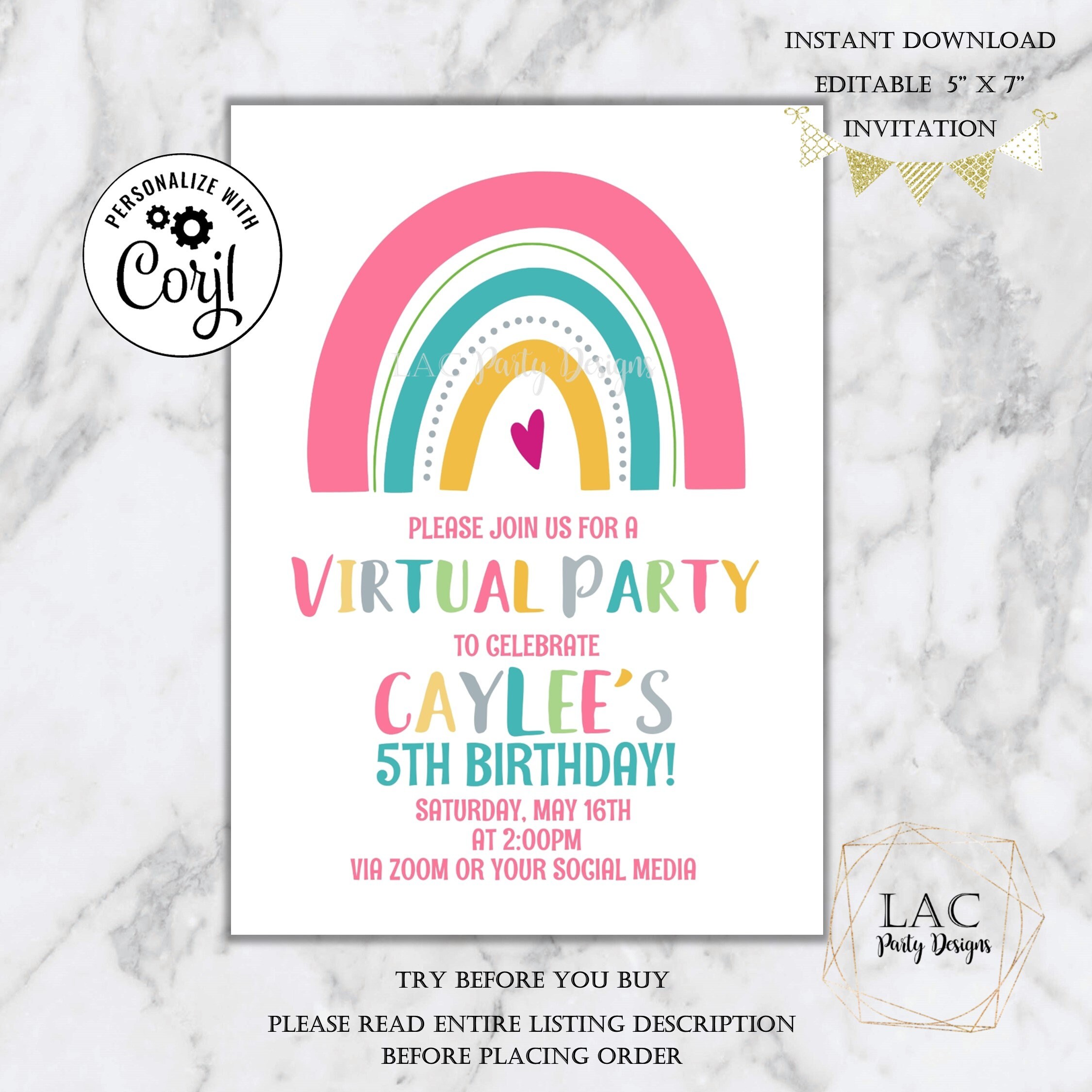 Editable Virtual Party Invitation Zoom Birthday Party Online Etsy