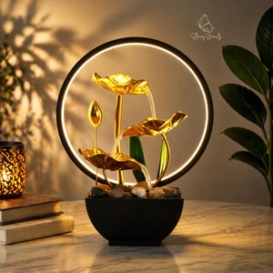 Zen Tabletop Fountain, LED Ring Light, USB Waterfall Decor, Desk Relaxation (Indoor)