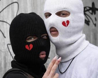 Pasamontañas para parejas | Máscaras de esquí a juego | Máscara de corazón roto | Regalo urbano para parejas | Pasamontañas Y2K | Máscara blanca y negra | Máscara de amor