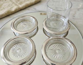 Elegant Vintage Sunburst Glass Coasters with Silver Beaded Rims - Set of 4