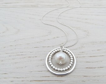 Double Silver Circle & Pearl Necklace - Sterling Silver