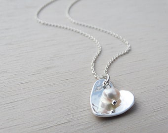 Mini Silver Heart Necklace & Pearl, Sterling Silver, Bridesmaid Gift
