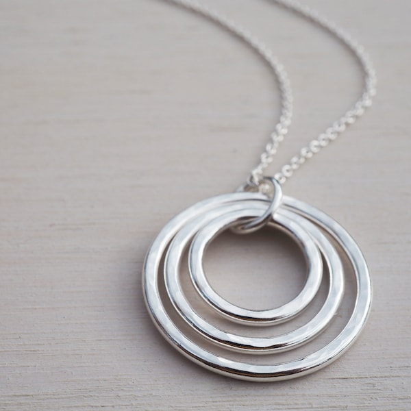 Triple Silver Circles Necklace, Sterling Silver, Hammered Finish