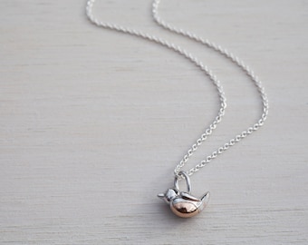 Tiny Silver Robin Necklace - Sterling Silver & Rose Gold