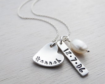 Personalised Necklace | Heart | Tag & Pearl | Sterling Silver