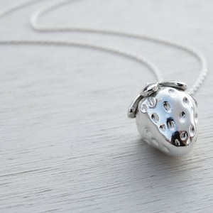 Silver Strawberry Necklace, Solid Sterling Silver, Long Chain