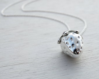 Silver Strawberry Necklace, Solid Sterling Silver, Long Chain