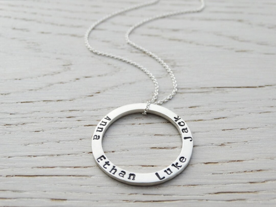 Silver Circle Necklace With Hand Stamped Names Personalised Necklace