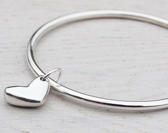 Solid Silver Bangle & Heart, Sterling Silver