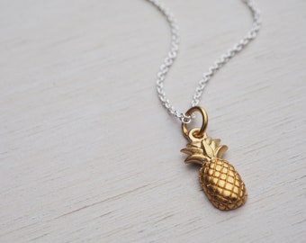 Tiny Pineapple Necklace, Sterling Silver & Gold
