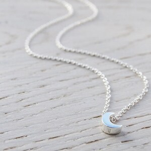 May include: A delicate silver chain necklace with a small crescent moon pendant.