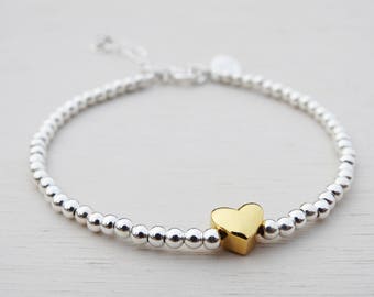 Silver Bead & Gold Heart Bracelet, Sterling Silver