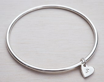 Silver Heart & Initial Bangle | Sterling Silver | Personalised