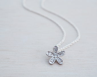 Tiny Silver Flower Necklace | Cubic Zirconia | Sterling Silver