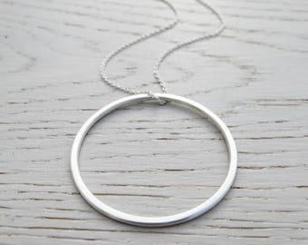 Big Silver Circle Pendant - Long Necklace - Sterling Silver